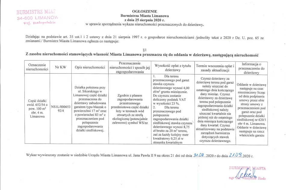 Ogłoszenie Burmistrza Miasta Limanowa z dnia 25.08.2020 r.  - zdjęcie 2