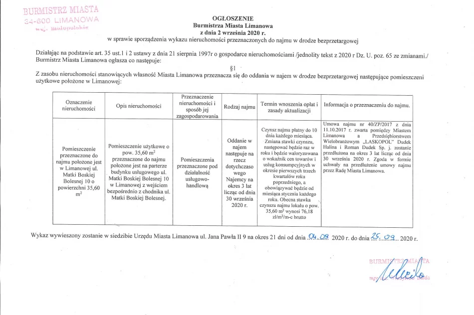 Ogłoszenie Burmistrza Miasta Limanowa z dnia 02.09.2020 r.  - zdjęcie 2