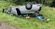 Czołowe zderzenie dwóch aut, jeden z pojazdów dachował. Do szpitala zabrano 5 osób, w tym 2 dzieci - zdjęcie 2