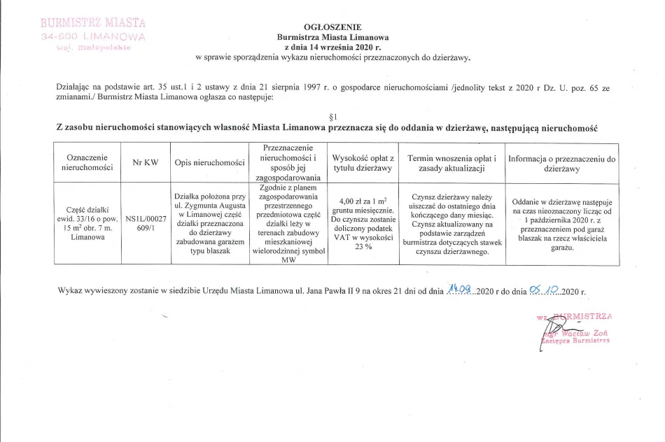 Ogłoszenie Burmistrza Miasta Limanowa z dnia 14.09.2020 r. - zdjęcie 2