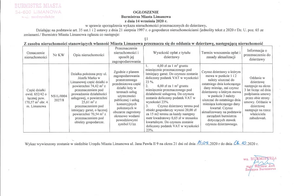 Ogłoszenie Burmistrza MIasta Limanowa z dnia 14.09.2020 r.  - zdjęcie 2