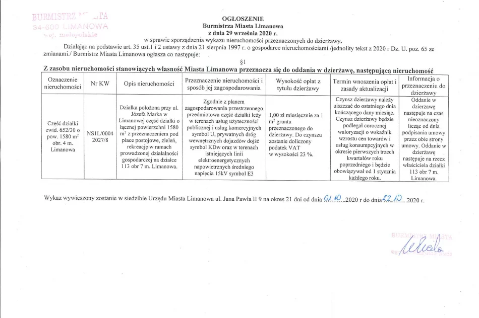 Ogłoszenie Burmistrza MIasta Limanowa z dnia 29.09.2020 r.  - zdjęcie 2