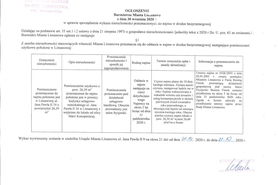 Ogłoszenie Burmistrza MIasta Limanowa z dnia 30.09.2020 r.  - zdjęcie 2