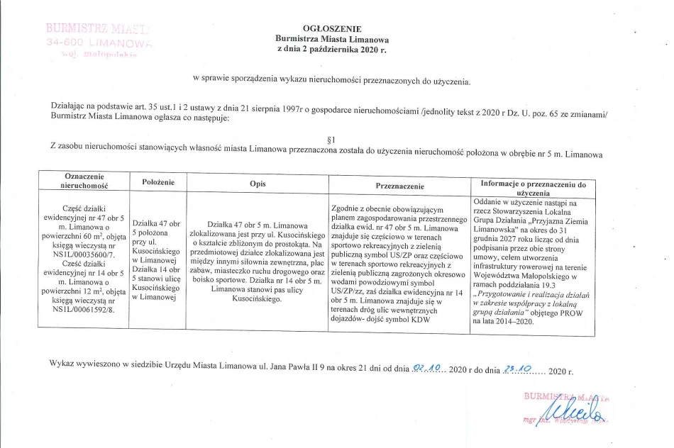 Ogłoszenie Burmistrza MIasta Limanowa z dnia 02.10.2020 r. - zdjęcie 2