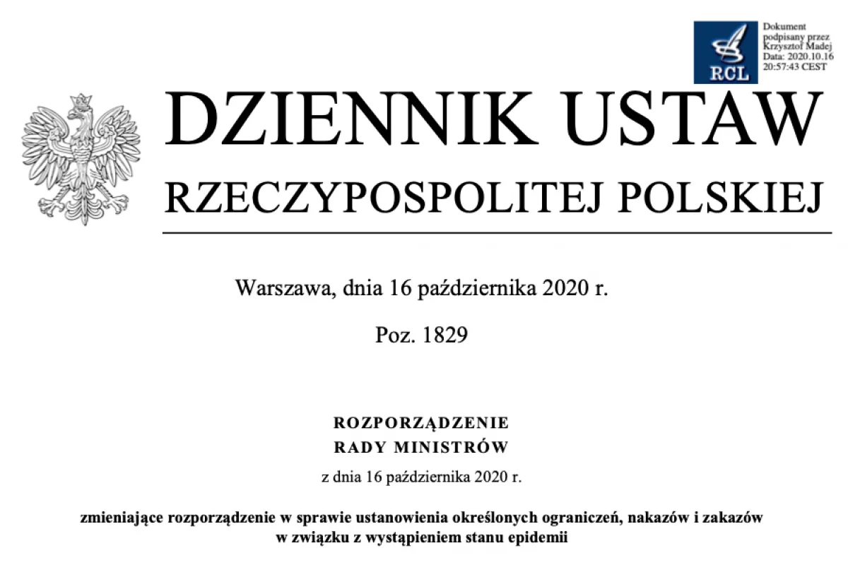 W Dzienniku Ustaw opublikowano rozporządzenie o nowych restrykcjach związanych z epidemią koronawirusa