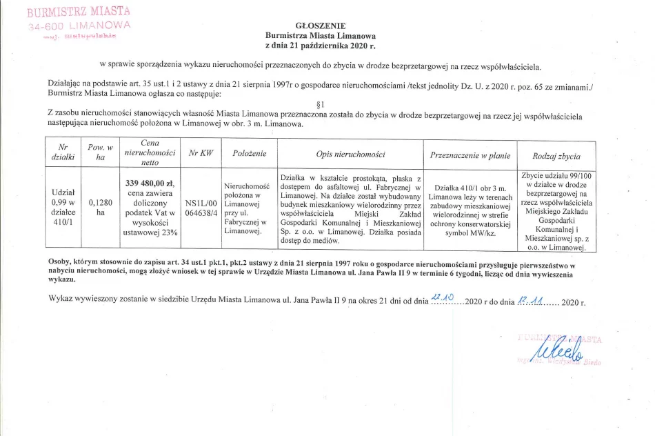 Ogłoszenie Burmistrza Miasta Limanowa z dnia 21.10.2020 roku - zdjęcie 2