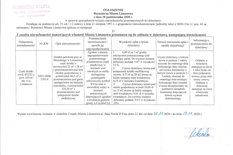 Ogłoszenie Burmistrza Miasta Limanowa z dnia 28.10.2020 r. - zdjęcie 2