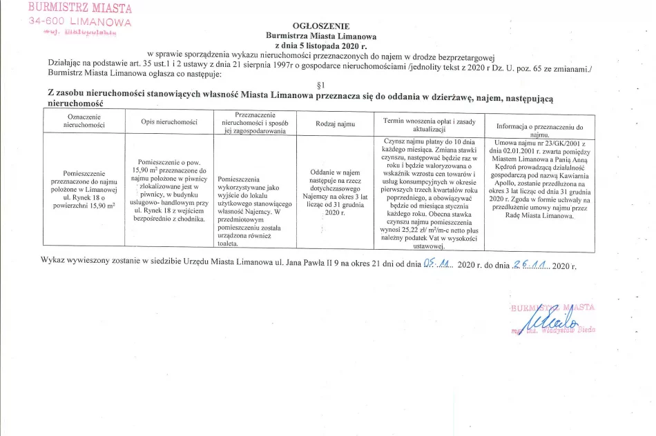 Ogłoszenie Burmistrza Miasta Limanowa z dnia 05.11.2020 r.  - zdjęcie 2