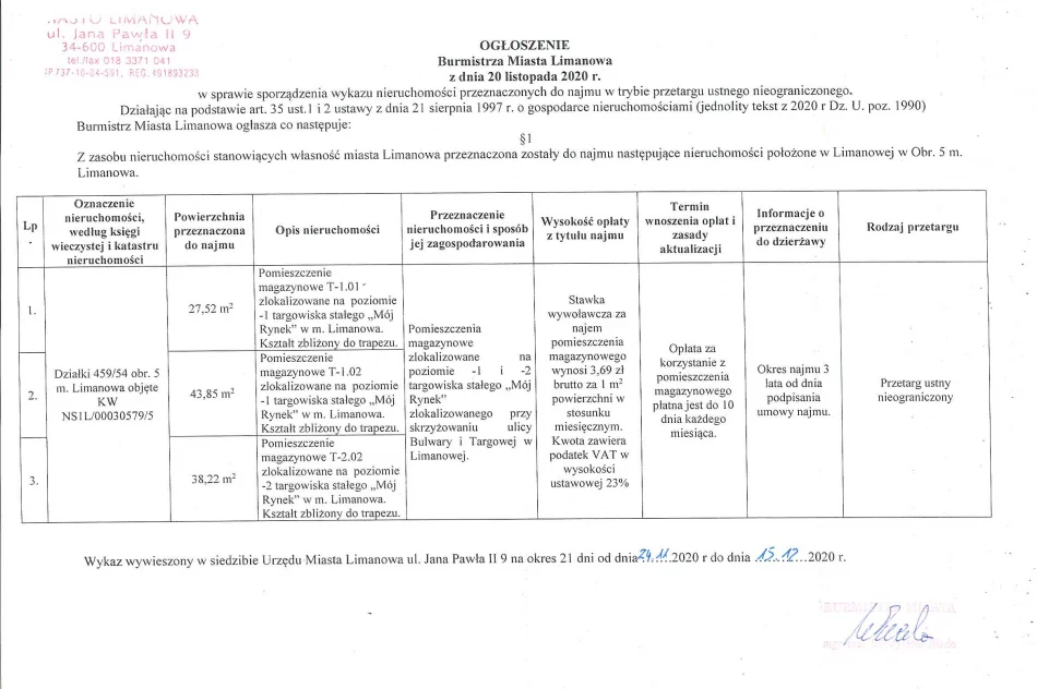 Ogłoszenie Burmistrza Miasta Limanowa z dnia 20.11.2020 r. - zdjęcie 2