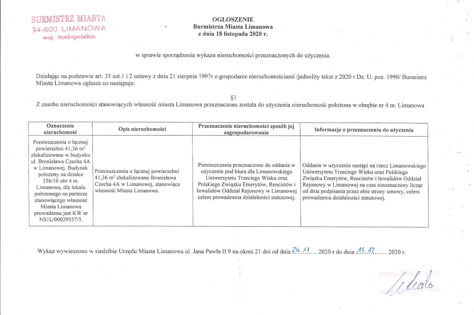 Ogłoszenie Burmistrza Miasta Limanowa z dnia 18.11.2020 r. - zdjęcie 2
