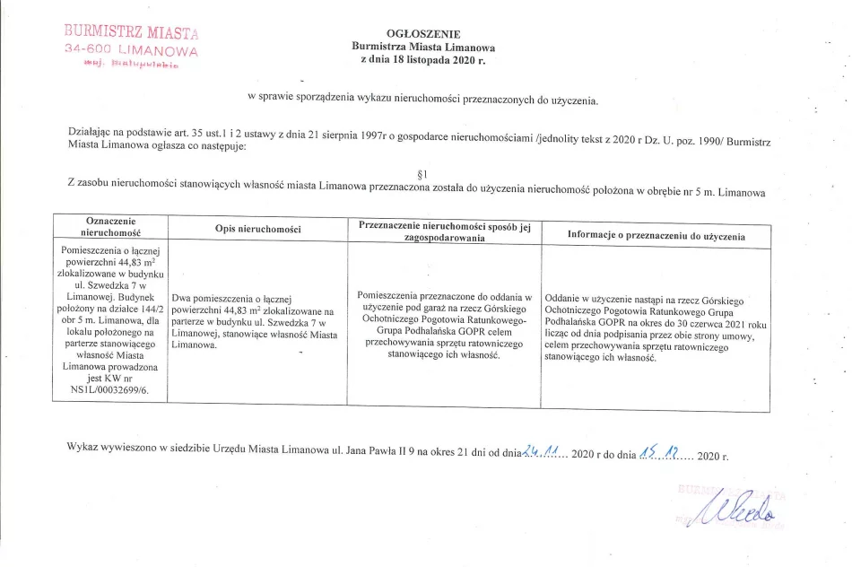 Ogłoszenie BUrmistrza Miasta Limanowa z dnia 18.11.2020 r.  - zdjęcie 2