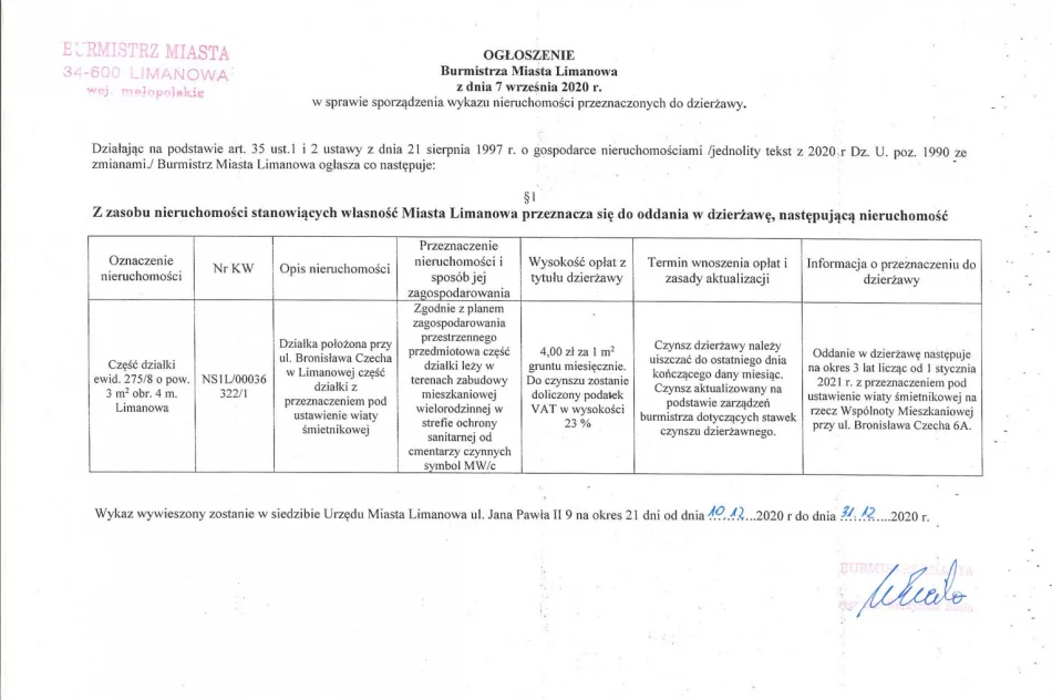 Ogłoszenie Burmistrza Miasta Limanowa w sprawie przeznaczenia do dzierżawy części działki ewid. nr 275/8 obr 4 m. Limanowa  - zdjęcie 2