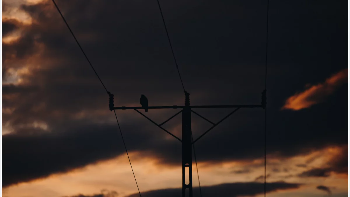 Słupy energetyczne i linie wysokiego napięcia na tle nieba w powiecie limanowskim.