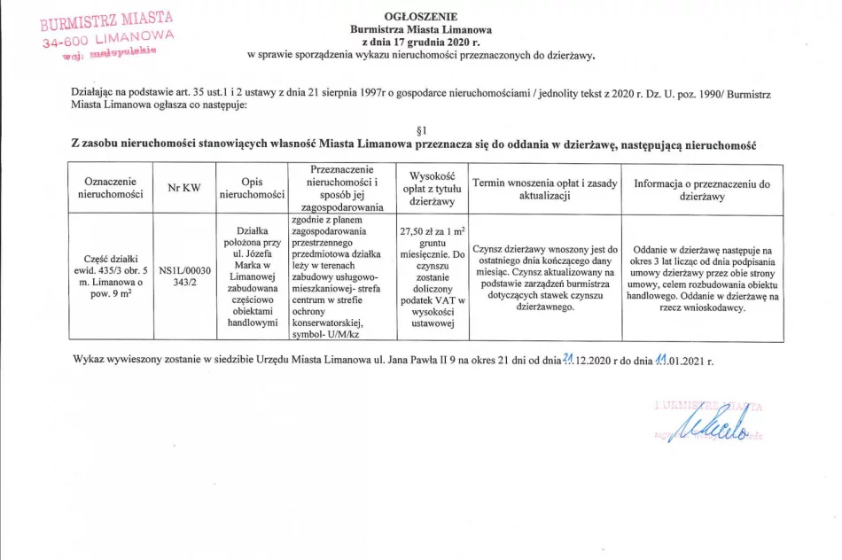 Ogłoszenie Burmistrza Miasta Limanowa z dnia 17.12.2020 r.  - zdjęcie 2