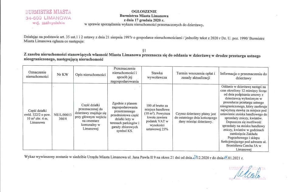 Ogłoszenie Burmistrza MIasta Limanowa z dnia 17.12.2020 r.  - zdjęcie 2