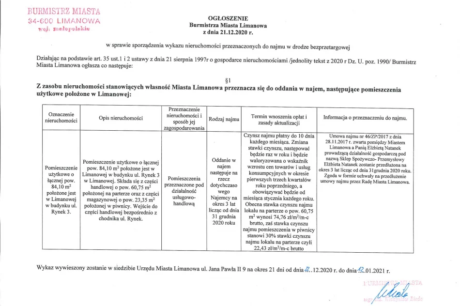 Ogłoszenie Burmistrza Miasta Limanowa z dnia 21.12.2020 roku.  - zdjęcie 2