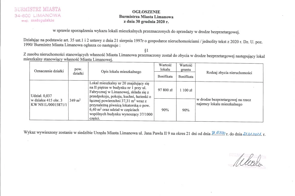 Ogłoszenie Burmistrza Miasta Limanowa z dnia 30.12.2020 r.  - zdjęcie 2
