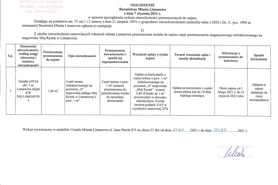 ogłoszenie Burmistrza Miasta Limanowa z dnia 11.01.2021 roku - zdjęcie 2
