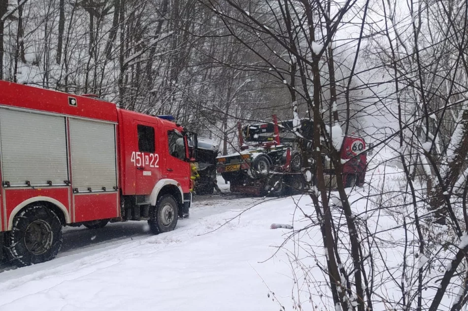 Groźnie wyglądające zderzenie autobusu z ciężarówką. Ranne dwie osoby - zdjęcie 2
