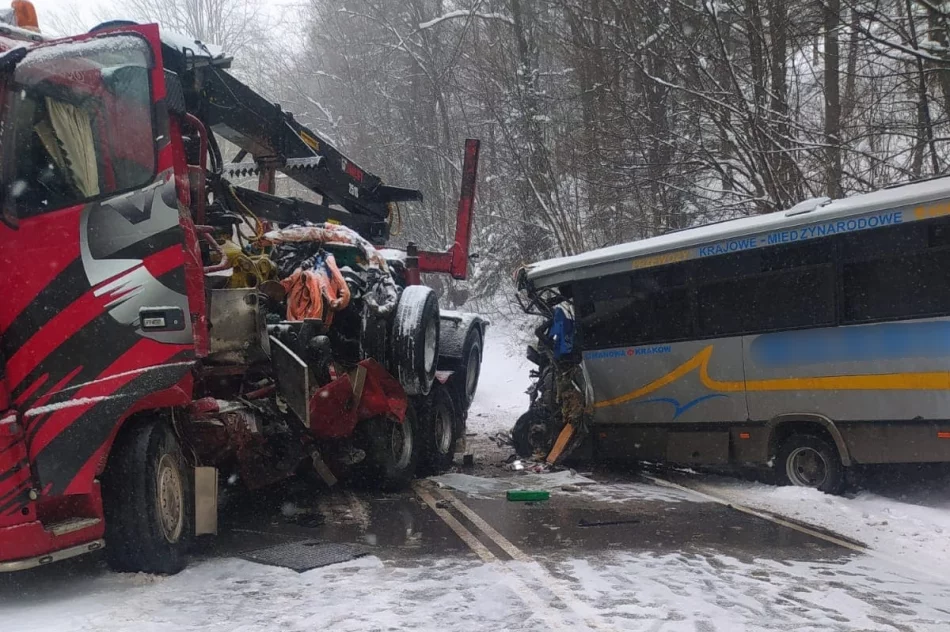 Groźnie wyglądające zderzenie autobusu z ciężarówką. Ranne dwie osoby - zdjęcie 3