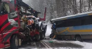 Groźnie wyglądające zderzenie autobusu z ciężarówką. Ranne dwie osoby - zdjęcie 3