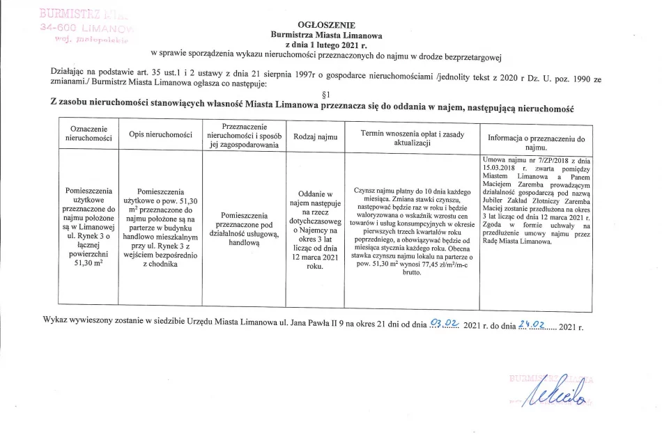 Ogłoszenie Burmistrza Miasta Limanowa z dnia 01.02.2021 roku w sprawie wywieszenia wykazu nieruchomości przeznaczonych do najmu w drodze bezprzetargowej  - zdjęcie 2
