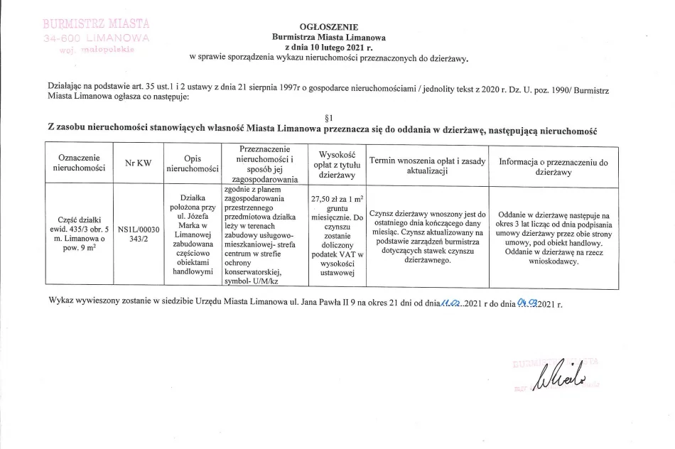 Ogłoszenie Burmistrza Miasta Limanowa z dnia 10.02.2021 r.  - zdjęcie 2