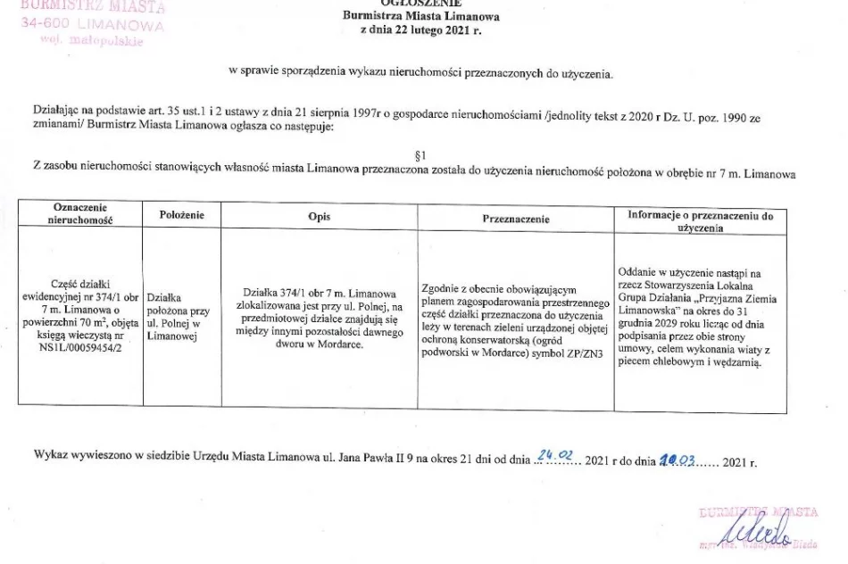 Ogłoszenie Burmistrza Miasta Limanowa z dnia 22.02.2021 roku - zdjęcie 2