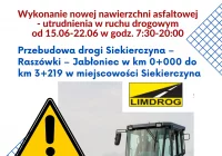 Droga Siekierczyna -Raszówki- utrudnienia spowodowane wykonaniem nowej nawierzchni asfaltowej  - zdjęcie główne