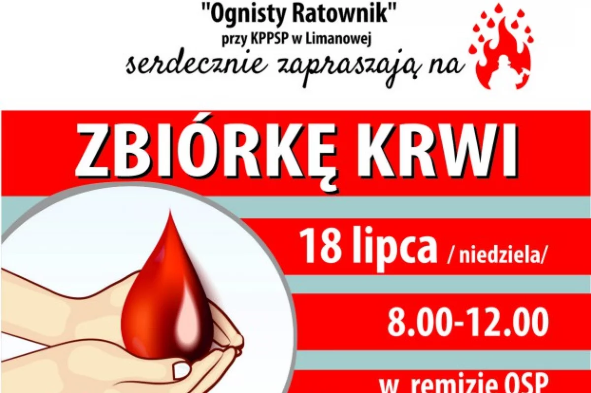 OSP w Limanowej w niedzielę 18 lipca organizuje zbiórkę krwi