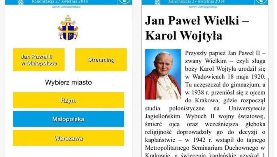 Aplikacja mobilna „Małopolska Janowi Pawłowi II” - zdjęcie 1