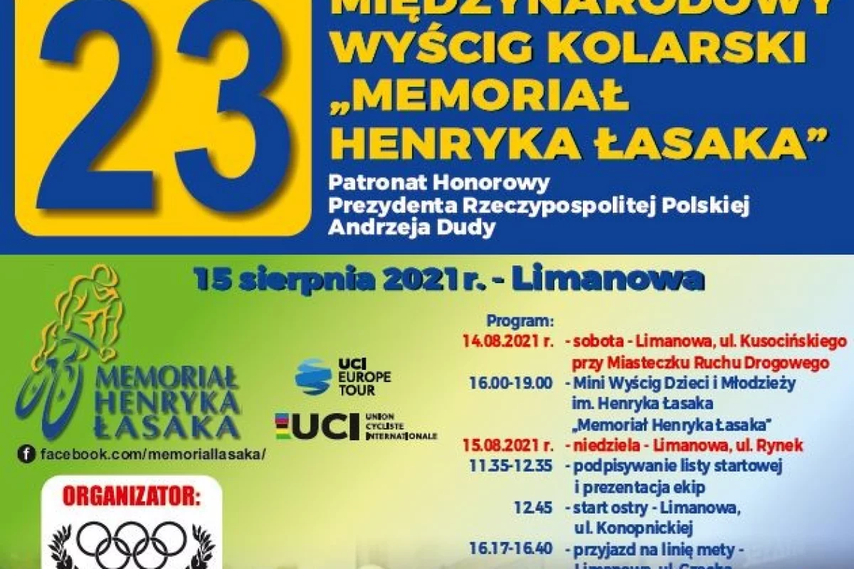 23. Międzynarodowy Wyścig Kolarski „Memoriał Henryka Łasaka” – 15 sierpnia w Limanowej