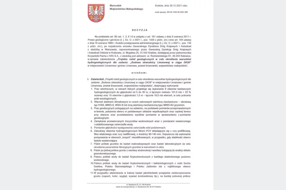 Decyzja Marszałka Województwa Małopolskiego z dn. 30.12.2021 roku ws. zatwierdzenia „Projektu robót geologicznych w celu określenia warunków hydrologicznych dla zadania: „Budowa obwodnicy Limanowej w ciągu DK28” - zdjęcie 2