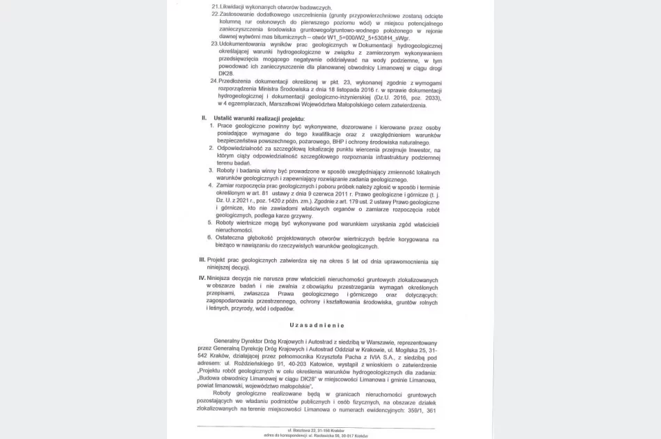 Decyzja Marszałka Województwa Małopolskiego z dn. 30.12.2021 roku ws. zatwierdzenia „Projektu robót geologicznych w celu określenia warunków hydrologicznych dla zadania: „Budowa obwodnicy Limanowej w ciągu DK28” - zdjęcie 4