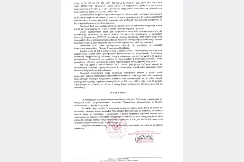Decyzja Marszałka Województwa Małopolskiego z dn. 30.12.2021 roku ws. zatwierdzenia „Projektu robót geologicznych w celu określenia warunków hydrologicznych dla zadania: „Budowa obwodnicy Limanowej w ciągu DK28” - zdjęcie 5