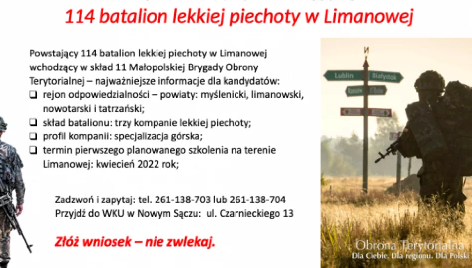 Rozpoczął się nabór do terytorialnej służby wojskowej w ramach tworzenia 114 batalionu lekkiej piechoty w Limanowej - zdjęcie 1