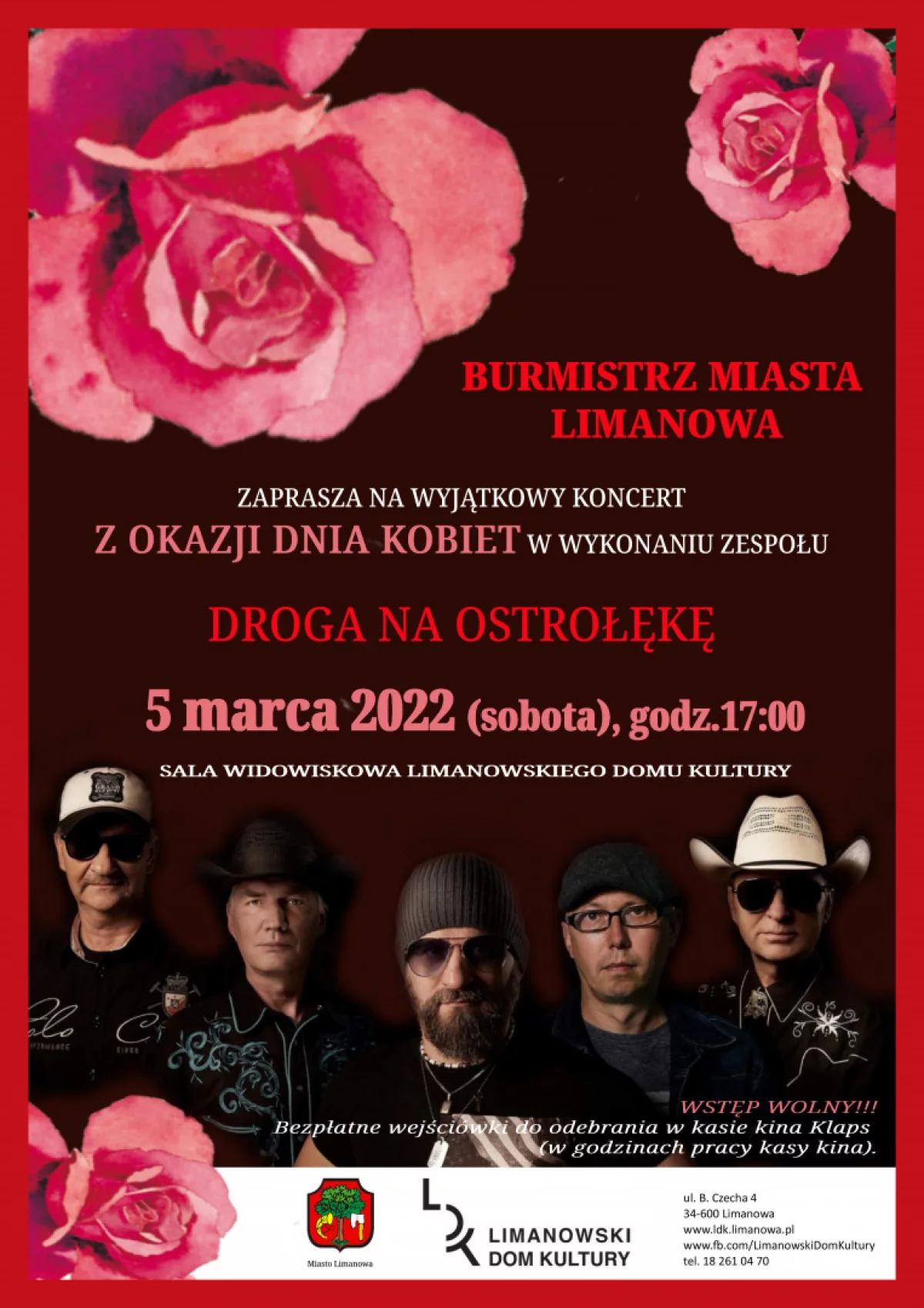 Zapraszamy na Koncert z okazji Dnia Kobiet – zespół „Droga na Ostrołękę” - bilety dostepne