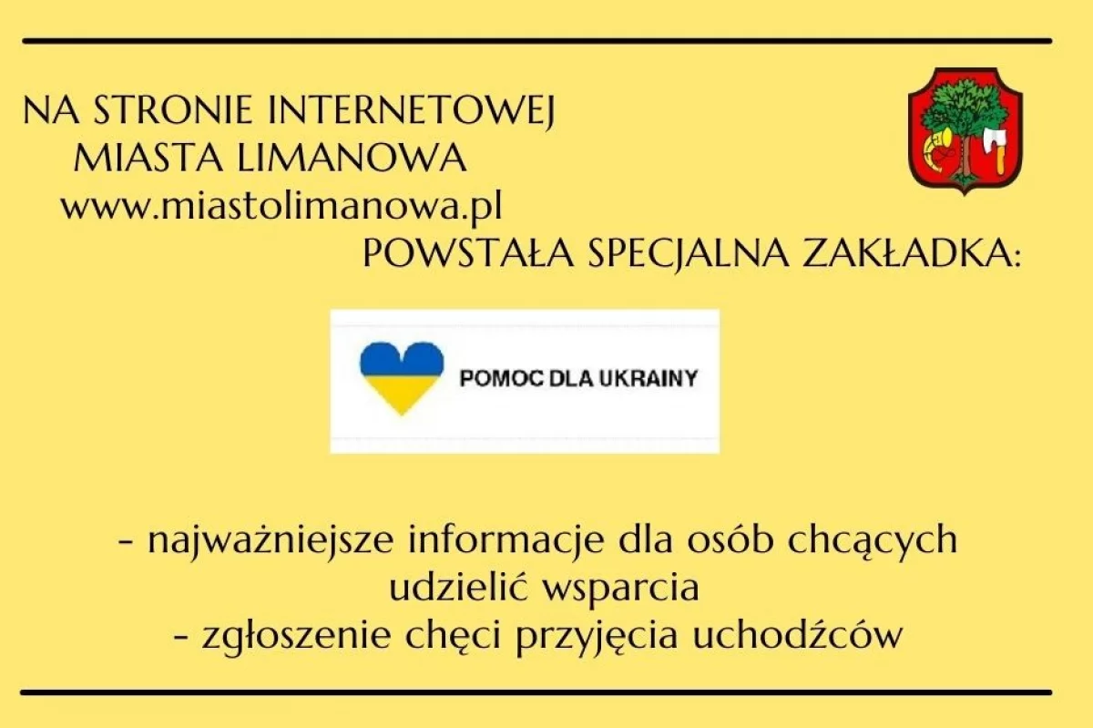 Zakładka "POMOC DLA UKRAINY" na stronie MIasta Limanowa