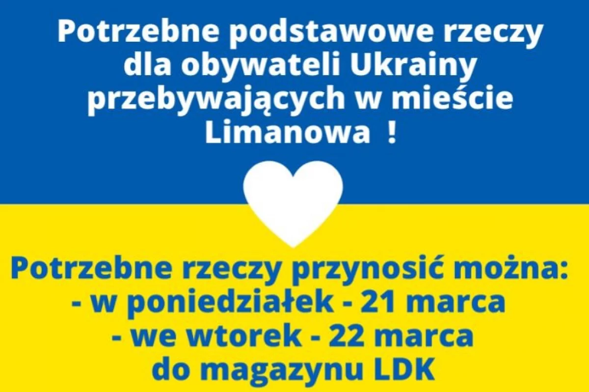 Uwaga – potrzebne rzeczy dla obywateli Ukrainy przebywających w mieście Limanowa