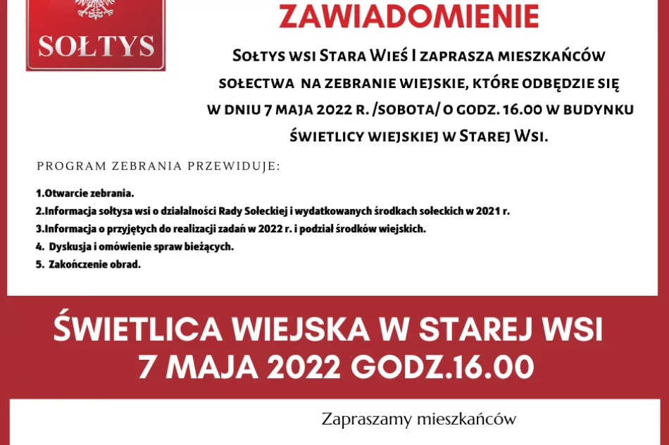 Zawiadomienie o zebraniu wiejskim w miejscowości Stara Wieś I - zdjęcie 2