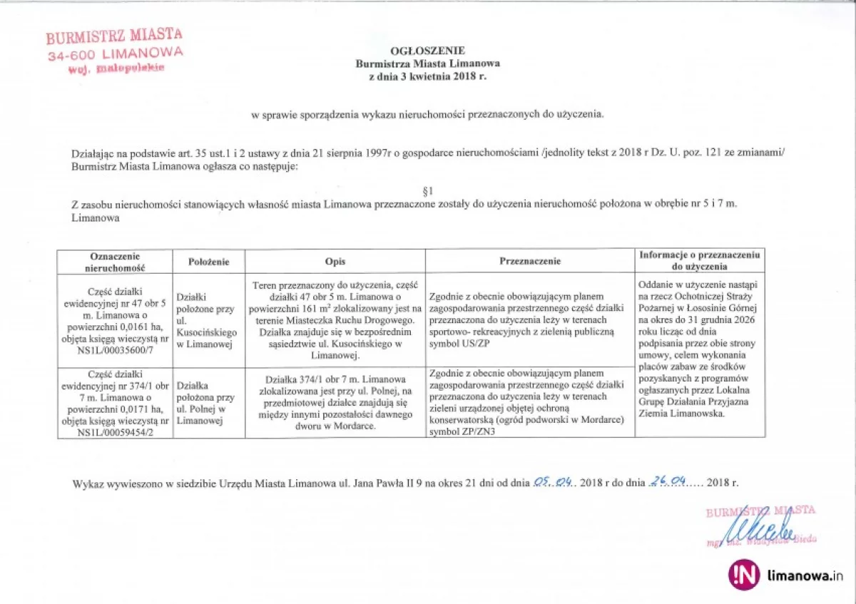 Ogłoszenie Burmistrza Miasta Limanowa z dnia 03.04.2018 r.