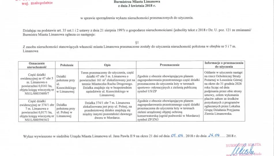Ogłoszenie Burmistrza Miasta Limanowa z dnia 03.04.2018 r. - zdjęcie 1