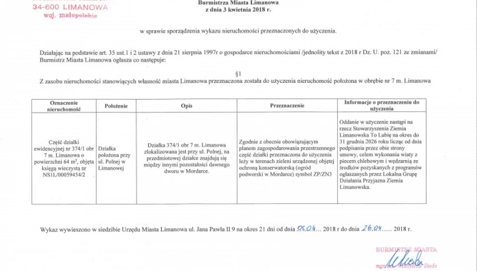 Ogłoszenie Burmistrza Miasta Limanowa z dnia 03.04.2018 r. - zdjęcie 1