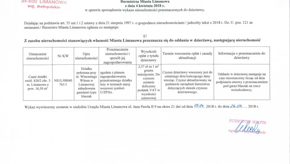 Ogłoszenie Burmistrza Miasta Limanowa z dnia 04.04.2018 r. - zdjęcie 1