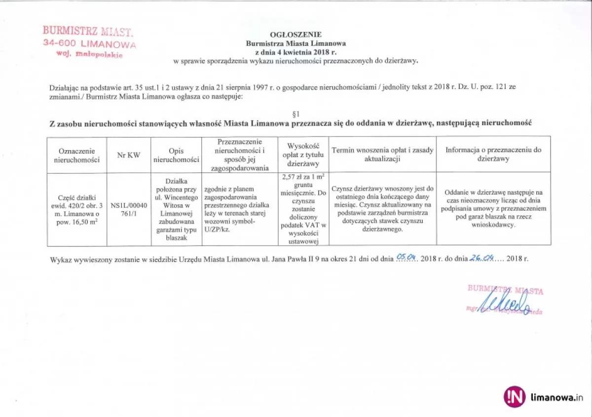 Ogłoszenie Burmistrza Miasta Limanowa z dnia 04.04.2018 r.