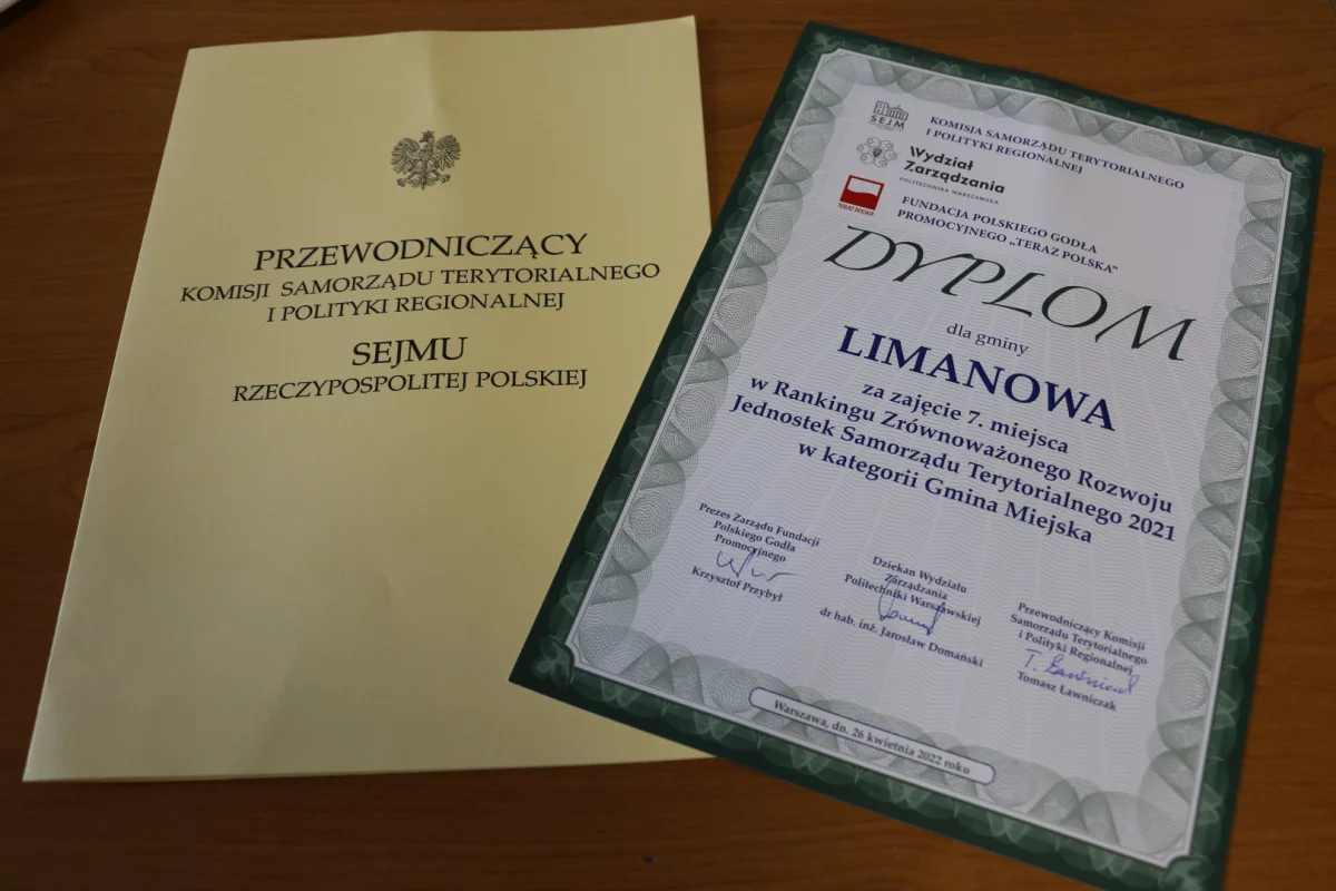 Miasto Limanowa w gronie najlepszych gmin w Polsce za 2021 rok w Rankingu Zrównoważonego Rozwoju
