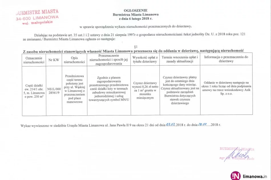 Ogłoszenie Burmistrza Miasta Limanowa z dnia 06.02.2018 r. - zdjęcie 2