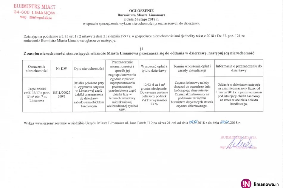 Ogłoszenie Burmistrza Miasta Limanowa z dnia 05.02.2018 r. - zdjęcie 2