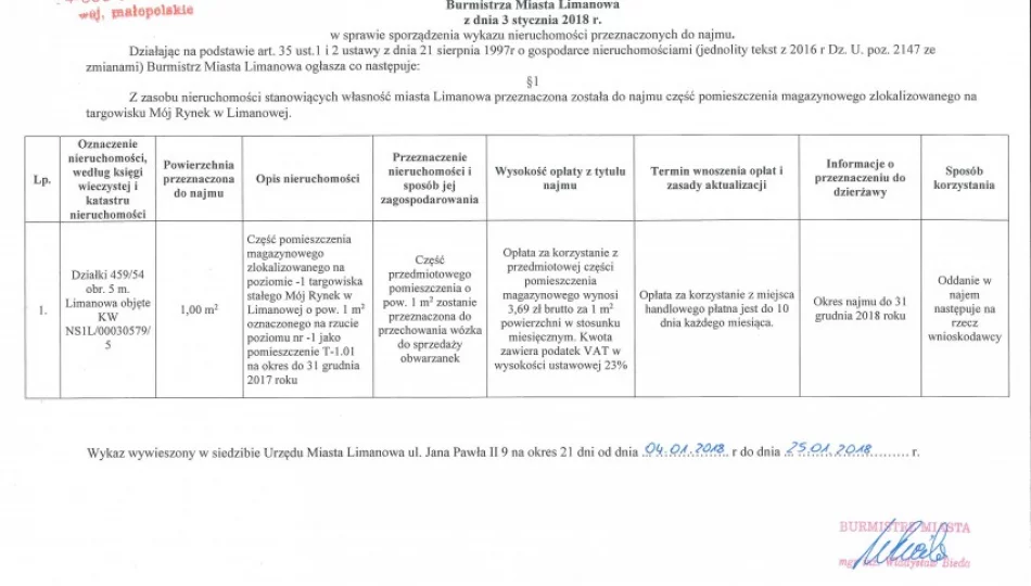 Ogłoszenie Burmistrza Miasta LImanowa z dnia 03.01.2018 r. - zdjęcie 1
