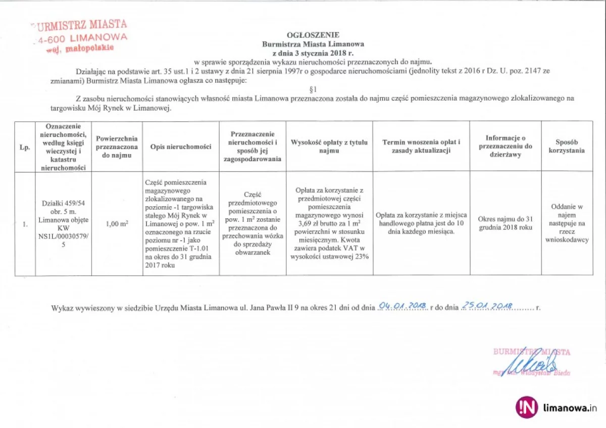 Ogłoszenie Burmistrza Miasta LImanowa z dnia 03.01.2018 r.